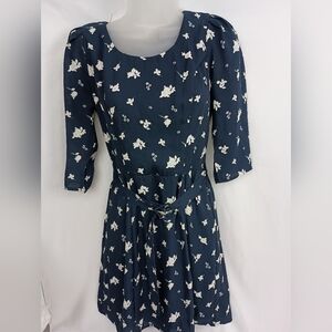 TRIXXI Y2K Office Work S Floral‎ Navy Blue Dress with Belt (#102)
